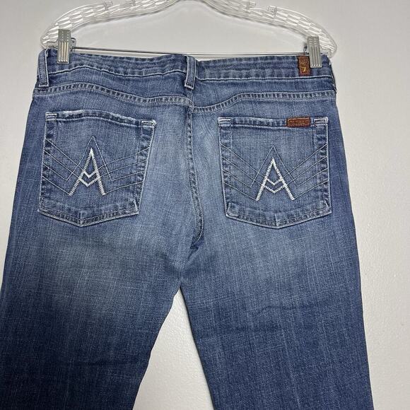 7 For All Mankind Womens A Pocket Flare Jeans Denim Sz 30 32 Low Rise USA Boho - Picture 10 of 16